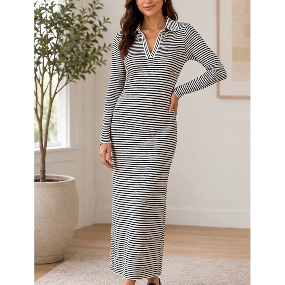 A New Day Women Black White Striped Polo Collar Knit Maxi Sweater Dress XL NWT